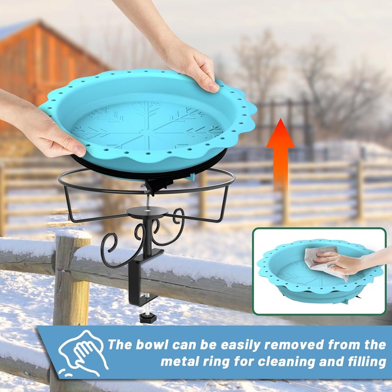 We-buys Heated Bird Baths for Outdoors, 100W Heated Bird Bath for Deck Railing, Heated Birdbath with Thermostat Control, Heated Bird Bath for Outside Winter Garden Patio Yard (Blue) - Image 4